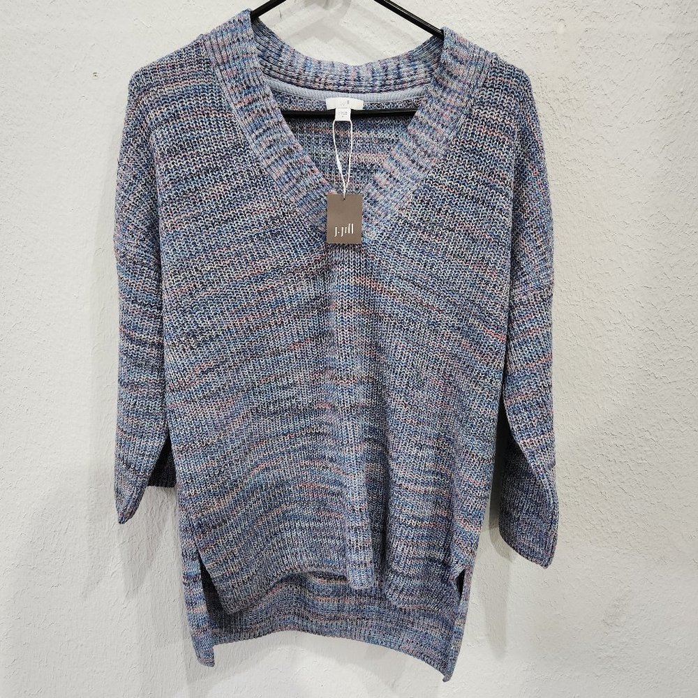 J Jill Sweater Womens Small Marled Knit V Neck Blue Side Slits
